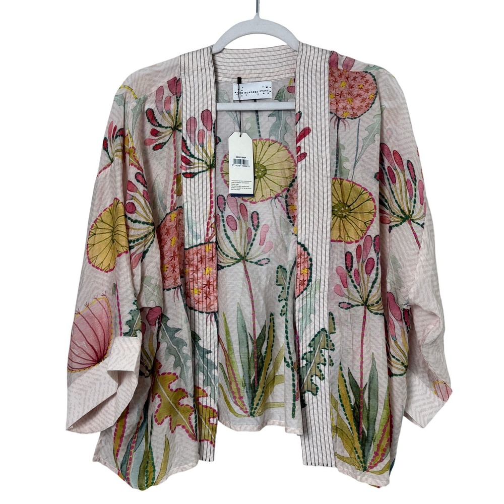One Hundred Stars Kimono Jacket Womens OS Pink Floral Modal Cupro Open Boho NWT
